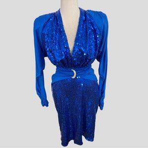 Vintage Climax David Howard Blue Sequin Deep V-neck Crescent Moon Buckle Dress